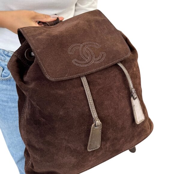 CHANEL Vintage CC Logo Suede Drawstring Flap Backpack Bag Stitch Brown [106223] - Picture 4 of 15